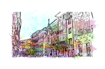 building view with landmark of guimaraes is a city in northern portugal. watercolor splash with hand