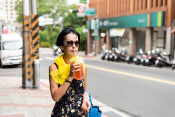 Sticker - woman have a black tea at the street