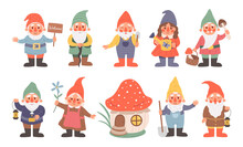 Fairy Dwarf. Cartoon Gnome Characters With Funny Hats. Little Magical Bearded Midgets. Isolated Fictional Lilliputians Greeting Waving Hands. Mushroom House. Vector Garden Figures Set