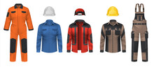 Realistic Workwear. Overall Uniform Clothes. Jacket And Helmet. Comfortable Protective Coveralls. Plumber And Mechanic Clothing. Professional Outfit For Workman. Vector Garment Set