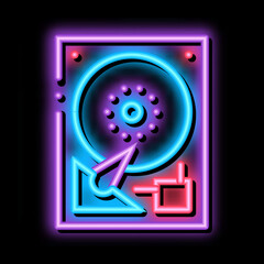Poster - hard drive disk neon light sign vector. Glowing bright icon hard drive disk sign. transparent symbol illustration