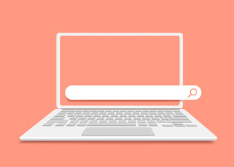 Laptop computer or notebook computer and search bar icon on pastel pink background for advertising design,vector 3d isolated for shopping online concept