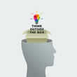 Think outside the box concept and saying. Colorful light bulb as creative thinking, creativity, idea and brain symbol. Human head silhouette, face profile.