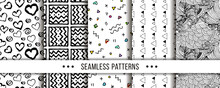Set Of Seamless Patterns With Hand-drawn Elements Texture, Abstraction Illustration Of Black Silhouette On White Background