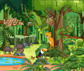 Wall Mural - Rainforest scene with wild animals