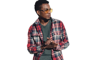 Wall Mural - Portrait close up of stylish african young man posing wearing sunglasses, red plaid shirt, guy looking away isolated on a white background