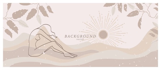 Abstract background art with nude woman in nature landscape. Background design in beige, ivory, champagne colors. Soft color painting decor. Minimalistic background design. Vector illustration.