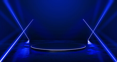 Poster - Futuristic abstract blue neon light product background stage or podium pedestal on grunge street floor with glow spotlight and blank display platform. 3D rendering.