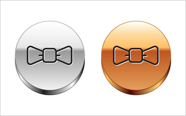 Poster - Black line Bow tie icon isolated on white background. Silver-gold circle button. Vector