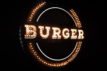 Interior Burger Pub Signboard With Light Bulbs