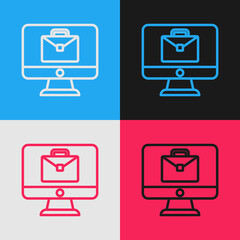 Poster - Pop art line Online working icon isolated on color background. Freelancer man working on laptop at his house. Remote work. Distant job concept. Vector