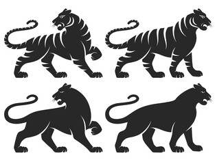 Set of stylized silhouettes of standing in different poses tigers. Isolated on white background. Tiger logo designs set. With stripes and without. Chinese zodiac symbol of new 2022 year. Vector.