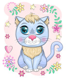 Fototapeta Pokój dzieciecy - Cute cartoon blue cat, kitten on a background of flowers