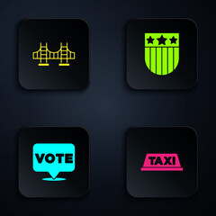 Wall Mural - Set Taxi car roof, Golden gate bridge, Vote and Shield with stars. Black square button. Vector