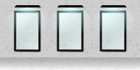 Poster - Three Realistic White Poster Mockup on the wall. Empty White Vector Poster Template with Shadow Effect. 3D Illustration.