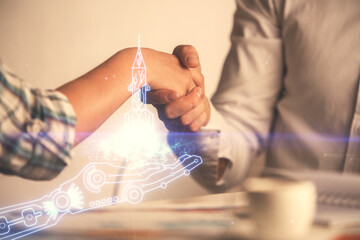 Poster - Multi exposure of creative drawing hologram and handshake of two men. Start up concept
