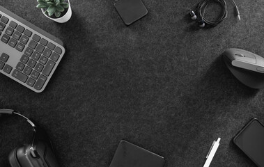 Poster - top view of office desk table with keyboard, mouse, smartphone and accessory on table.