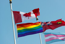 Flags Of Canada And Ontario Flying Above A Red, Orange, Yellow, Green, Blue, And Purple Flag And A Blue Pink And White Flag On A Blue Sky