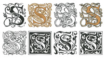 Vector Illustrations Of Uppercase Letter S With Decorations. Initial Letter S With Vintage Baroque Ornamentation. Beautiful Filigree Capital Letter For Monogram, Card, Invitation, Logo, Emblem, Icon