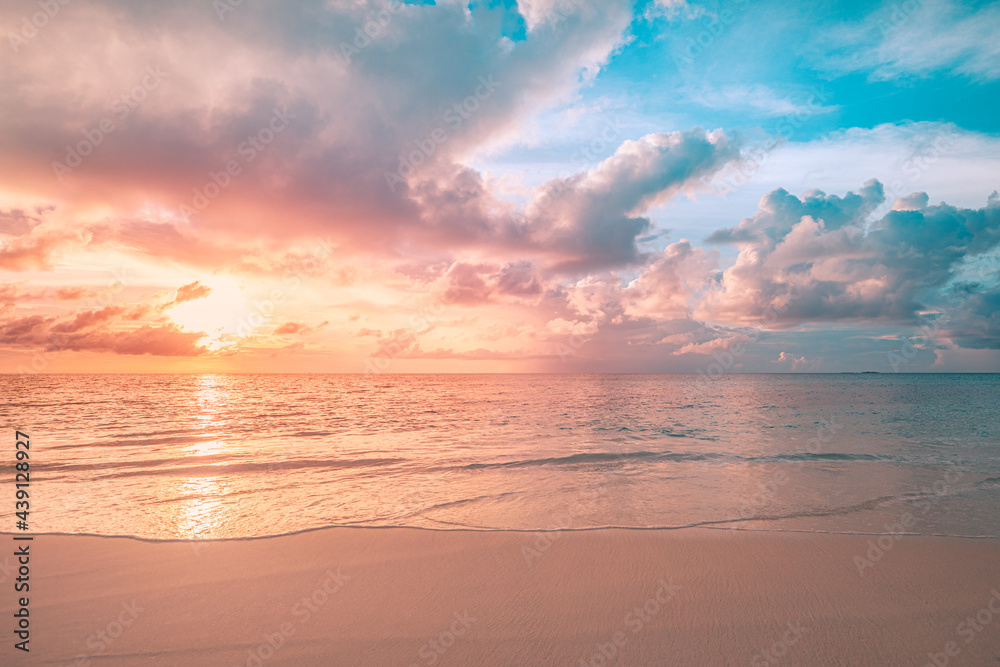 Closeup sea sand beach. Panoramic beach landscape. Inspire tropical beach seascape horizon. Orange and golden sunset sky calmness tranquil relaxing sunlight summer mood. Vacation travel holiday banner - obrazy, fototapety, plakaty 