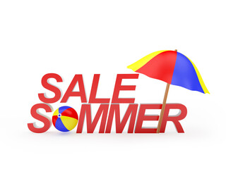 Sticker - Summer Sale text with beach umbrella on white. 3d illustration 