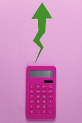 Wall Mural - Calculator with red growth arrow on pink background. Arrow graph going up. The economic growth