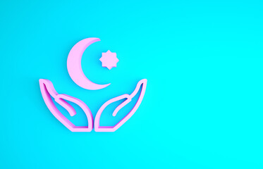 Sticker - Pink Star and crescent - symbol of Islam icon isolated on blue background. Religion symbol. Minimalism concept. 3d illustration 3D render