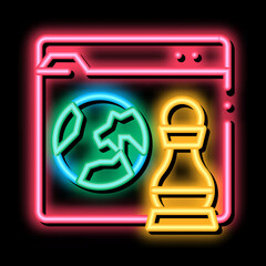Poster - chess figure and earth on web site neon light sign vector. Glowing bright icon chess figure and earth on web site sign. transparent symbol illustration