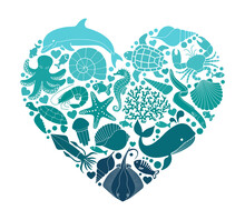 A Sea Or Ocean Of Underwater Life With Different Animals And Marine Objects United In A Heart Shape.