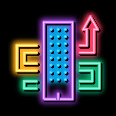 Poster - skyscraper and growing arrow neon light sign vector. Glowing bright icon skyscraper and growing arrow sign. transparent symbol illustration