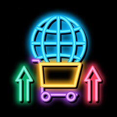 Poster - international selling partnership sphere in market cart neon light sign vector. Glowing bright icon international selling partnership sphere in market cart sign. transparent symbol illustration