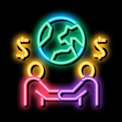 Poster - international partnership businessman handshake neon light sign vector. Glowing bright icon international partnership businessman handshake sign. transparent symbol illustration