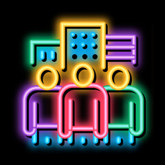 Poster - business team and city buildings neon light sign vector. Glowing bright icon business team and city buildings sign. transparent symbol illustration