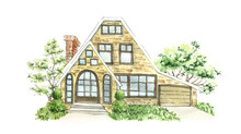 Cottage, House, Country House, Cozy House, Country Cottage. Clipart Drawn In Watercolor. House With Green Trees, Front Door, Lawn