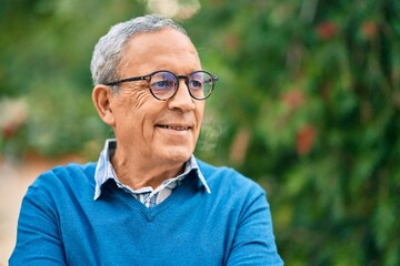 Wall Mural - senior grey-haired man smiling happy standing at the city.