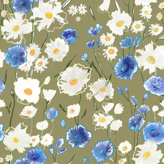 Cute pattern with small blue and white flowers on green. Millefleurs. Liberty style. Drawn floral seamless meadow background, texture, print. Vector illustration of wild cornflowers, chamomile