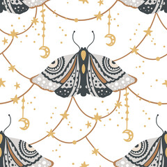 Wall Mural - boho butterfly seamless pattern on a white background. summer moth wallpaper illustration. retro vin