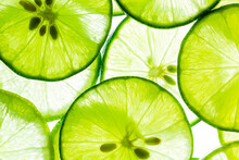 Lemon And Green Lime Overlapped Slices Close-up Background,Macro Close Up Surface Texture Juicy Slice Of Lime