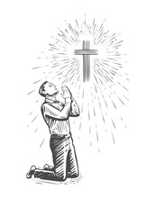 Sketch Of Human Praying With Hands Folded In Worship. Hand Drawn Vector Illustration
