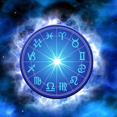 Wall Mural - astrology horoscope and zodiac ring like astrological and esoteric background in blue color with space 