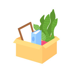 Poster - Packing things in box for moving semi flat color vector object. Items organization. Employee departure from workplace isolated modern cartoon style illustration for graphic design and animation
