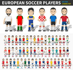 Aufkleber - European soccer cup tournament 2020 and 2021 . Set of football player with jersey and national flag .  Cartoon character flat design . White isolated background . Vector .