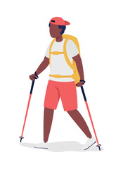 Wall Mural - boy with backpack hiking semi flat color vector character. trekker figure. full body person on white