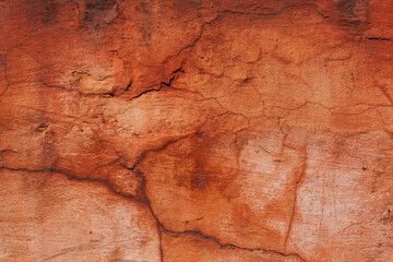 Wall Mural - red old cement plaster wall covered with cracks and scratches.