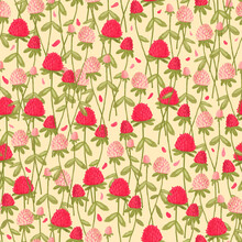 Cute Delicate Seamless Pattern Featuring Pink And Red Clover On A Light Yellow Background.