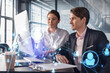 © VideoFlow - Businessman and businesswoman in formal wear working together looking for new employees to hire for international business consulting. HR, social media icons over modern panoramic office background