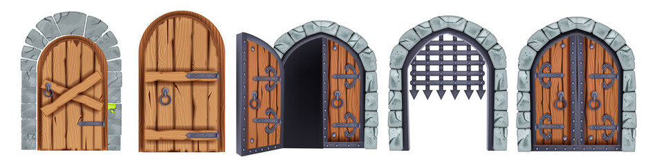 Wall Mural - Castle wooden gate vector set, medieval cartoon entrance grate, stone arch front view, handle. Vintage architecture double palace entry, ancient city element collection. Castle gate outdoor portal