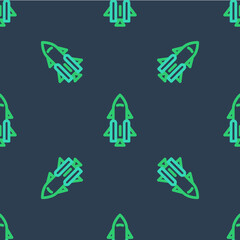 Sticker - Line Rocket ship with fire icon isolated seamless pattern on blue background. Space travel. Vector