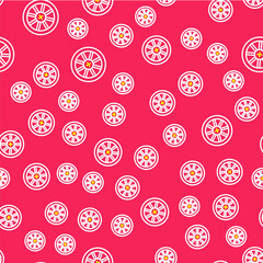 Wall Mural - Line Old wooden wheel icon isolated seamless pattern on red background. Vector