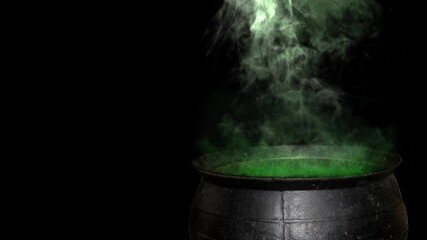 Wall Mural - witch cauldron smoking green close-up 4k loop features a metal cauldron with green glowing smoke ris